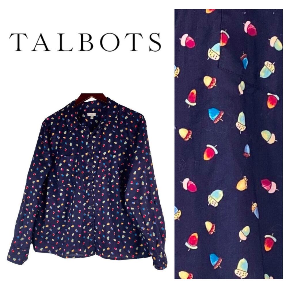 Talbots Button Up Navy All Over Acorn Print Shirt… - image 1